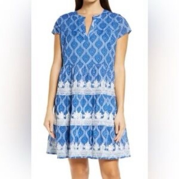 Roller Rabbit Pamela Embroidered Dress M Blue White Print - Picture 1 of 3